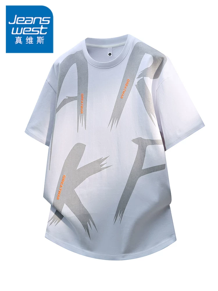 Áo thun cổ tròn in chữ phong cách Mỹ của Jeanswest dành cho nam, áo thun ngắn tay rộng rãi thoáng khí, thương hiệu thời trang cao cấp mùa hè.
