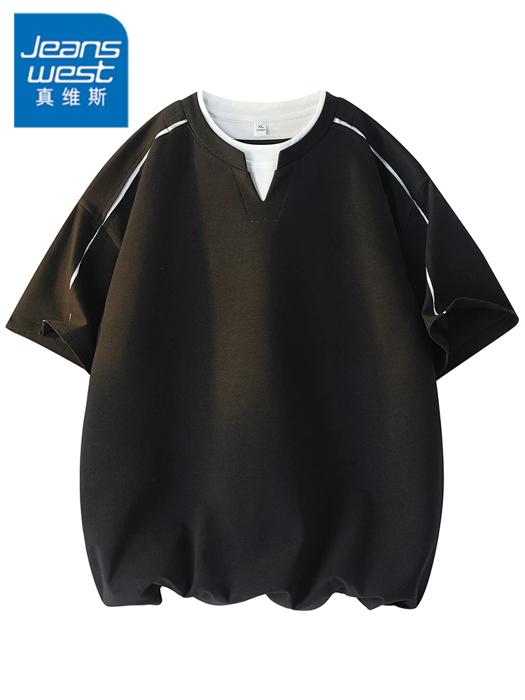 Áo thun giả hai mảnh cổ tròn thoáng khí phong cách Mỹ của Jeanswest dành cho nam, áo sơ mi ngắn tay thời trang cao cấp mùa hè, thương hiệu thời trang cao cấp.