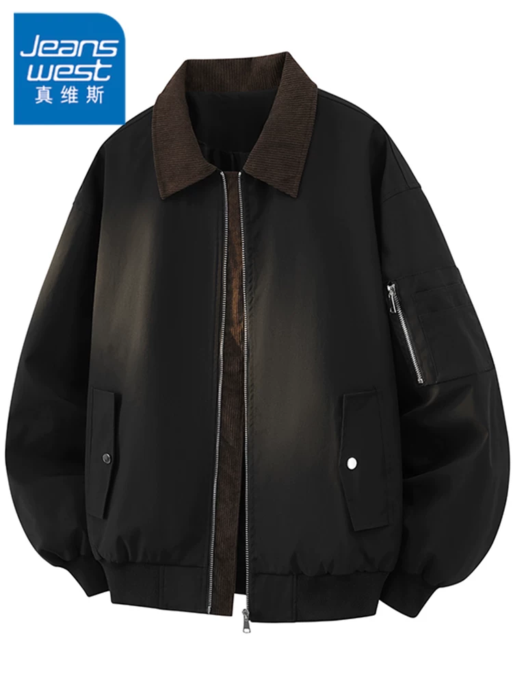 Áo khoác cổ điển cao cấp của Jeanswest dành cho nam giới, áo khoác màu đen hợp thời trang dáng rộng thường ngày mùa xuân và mùa thu.