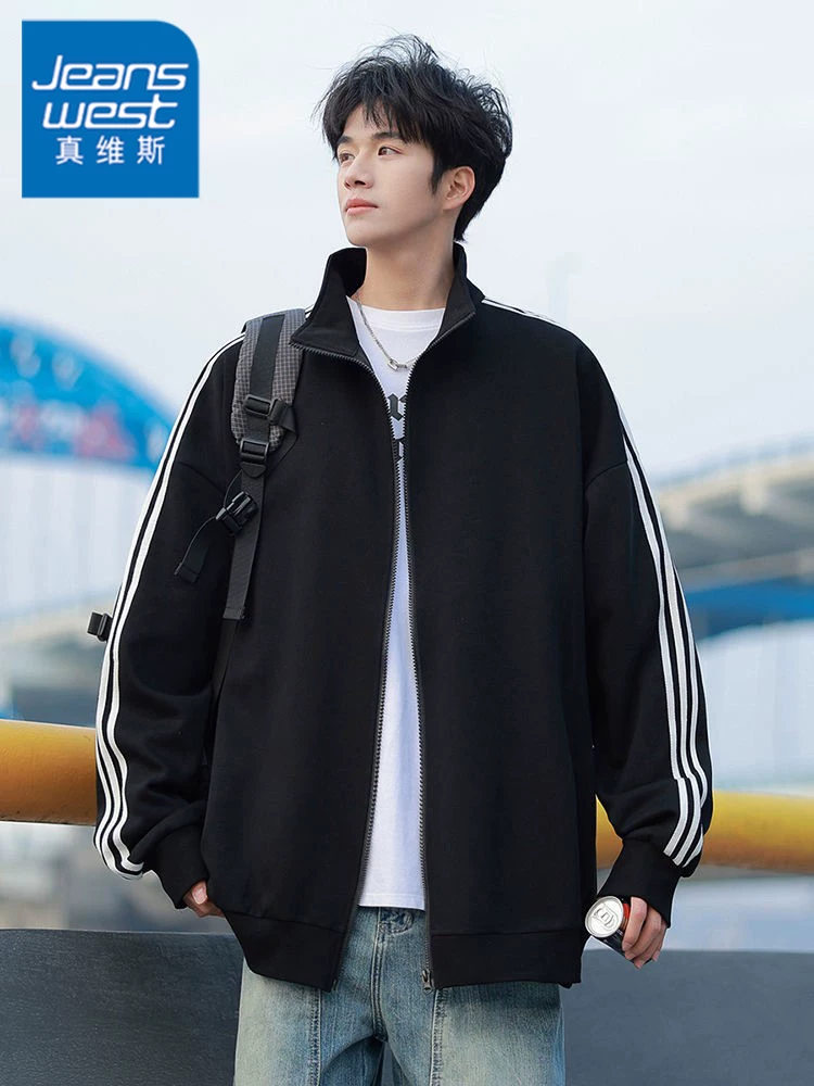 Áo khoác cardigan ba sọc cổ tròn của Jeanswest dành cho nam, áo nỉ dáng rộng đa năng cao cấp mùa xuân.