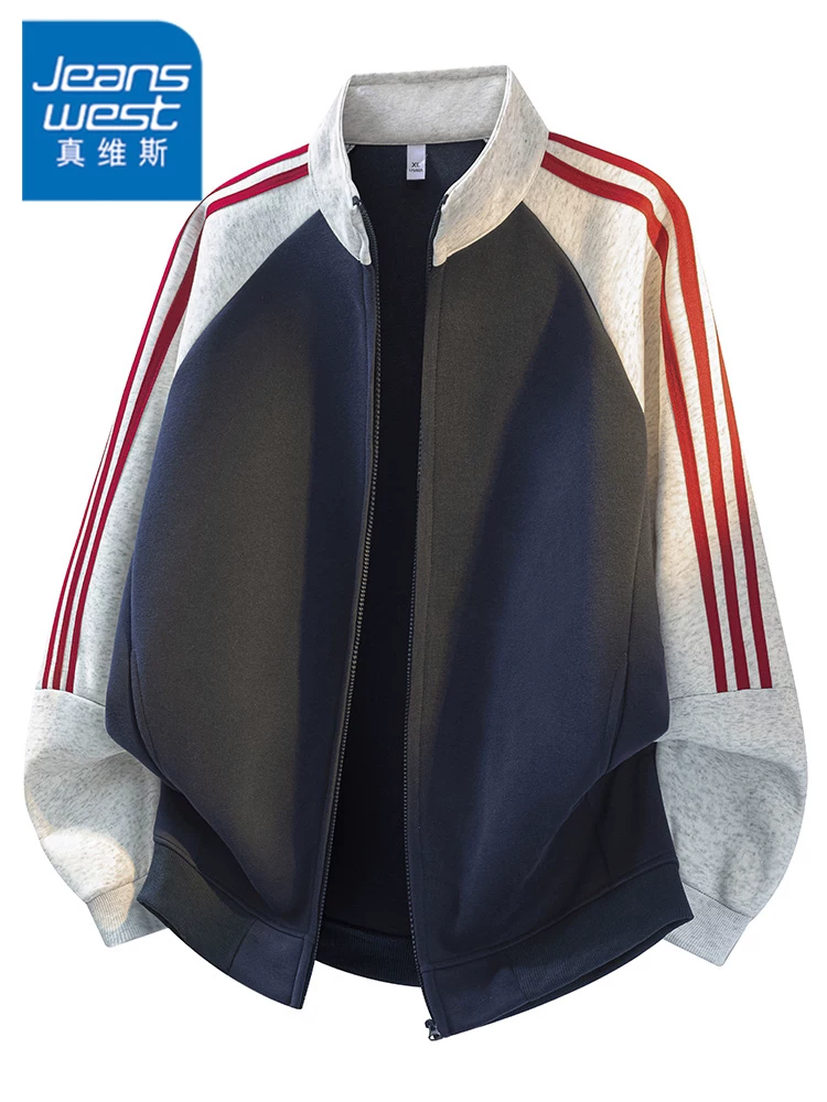 Áo khoác cổ đứng ba sọc phong cách Mỹ của Jeanswest dành cho nam, áo khoác ngoài thời trang cao cấp, rộng rãi, thoải mái cho mùa xuân và mùa thu.