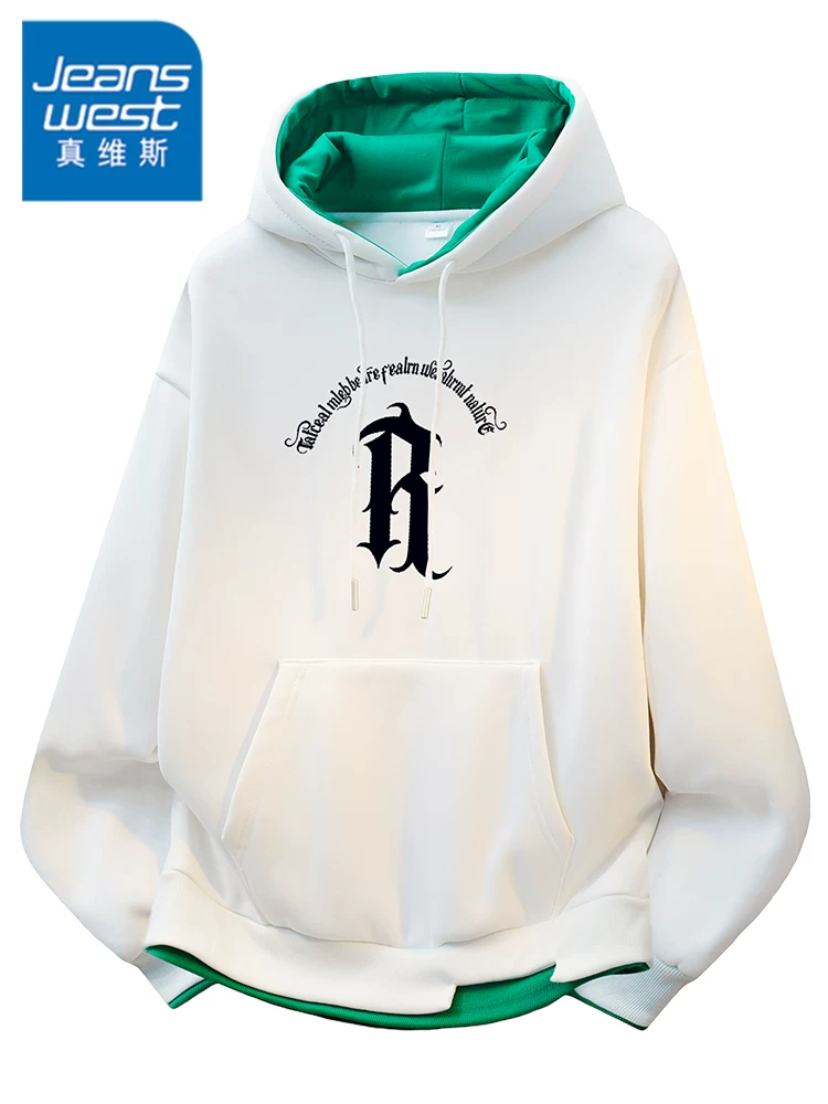 Áo nỉ có mũ in chữ cao cấp theo phong cách Mỹ của Jeanswest dành cho nam, áo thun dáng rộng thoải mái hợp thời trang mùa xuân thu.