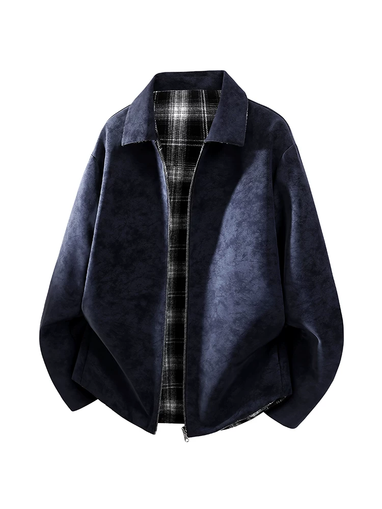 Áo khoác da PU có ve áo kiểu cổ điển có thể đảo ngược của Jeanswest dành cho nam giới, áo khoác màu đen dáng rộng thường ngày mùa xuân và mùa thu.