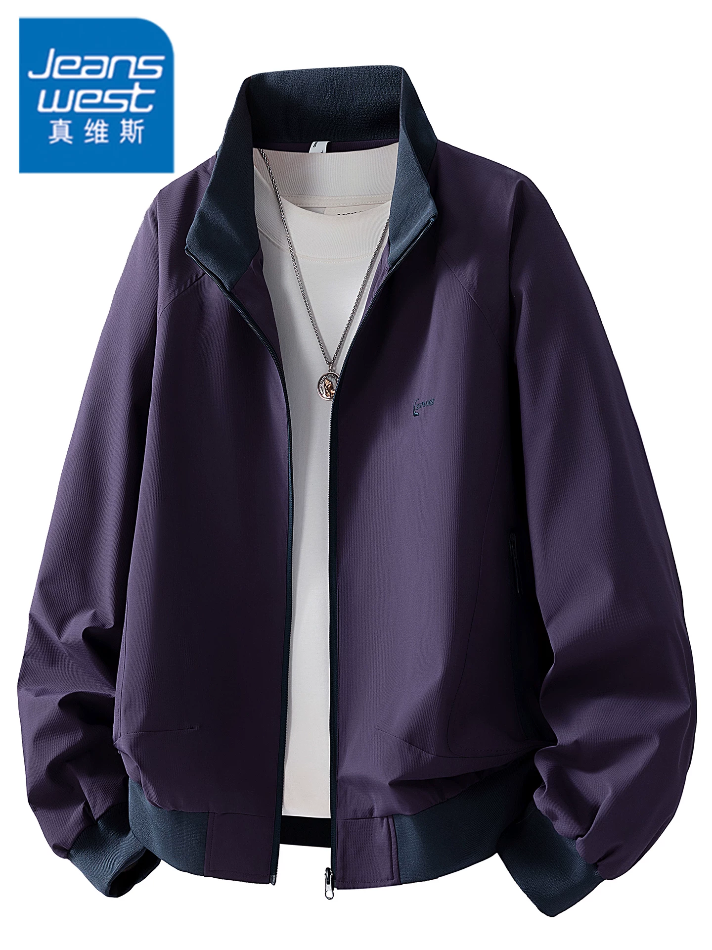 Áo khoác thường ngày cổ đứng phối màu phong cách Mỹ của Jeanswest dành cho nam, mùa xuân thu, cao cấp, sành điệu, thương hiệu thời thượng, áo khoác ngoài dáng rộng.