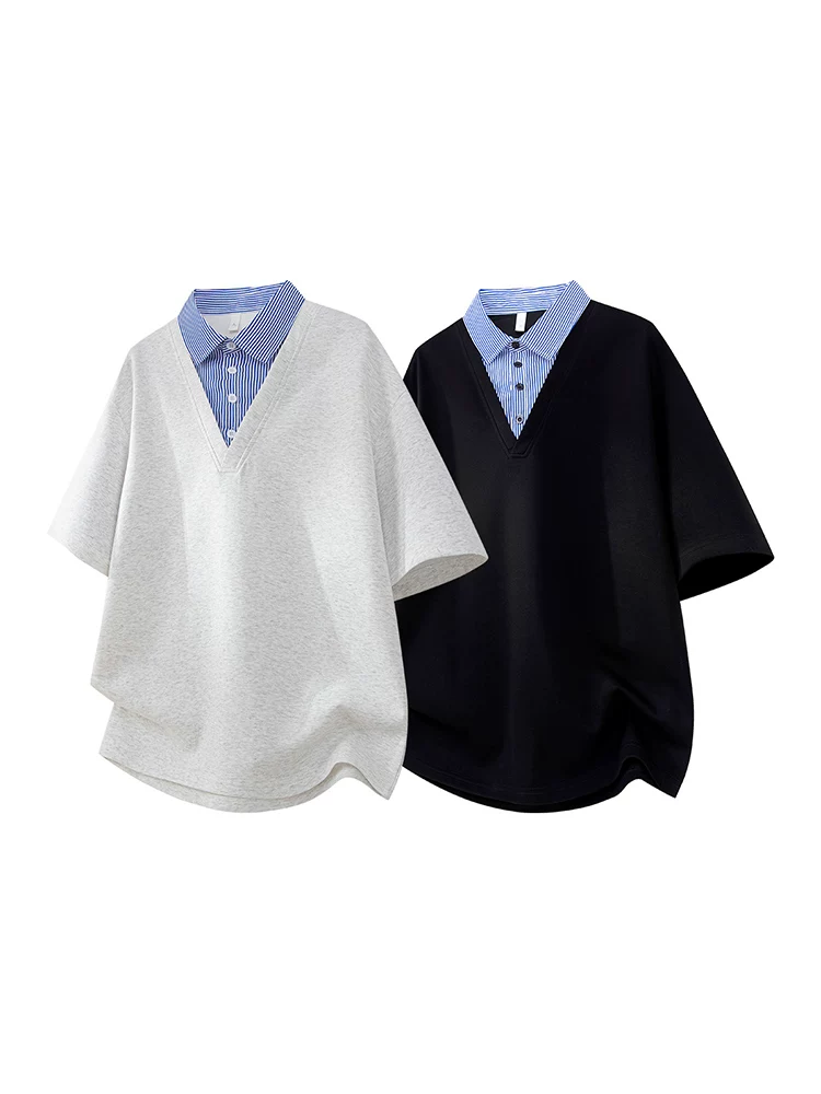 Áo thun giả hai lớp phối màu phong cách Mỹ của Jeanswest dành cho nam, kiểu dáng rộng rãi mùa hè, áo polo cao cấp thời thượng thoáng khí.