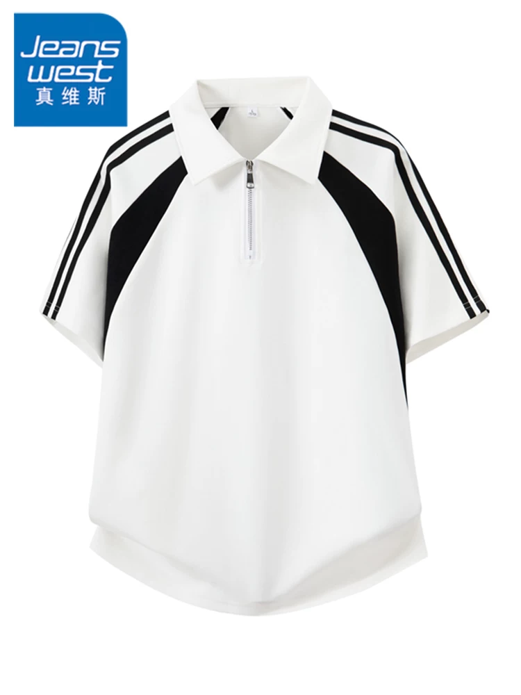 Áo polo nam Jeanswest kiểu Mỹ ba sọc phối màu, nửa khóa kéo, chất liệu cao cấp, thoáng khí, thời trang mùa hè.