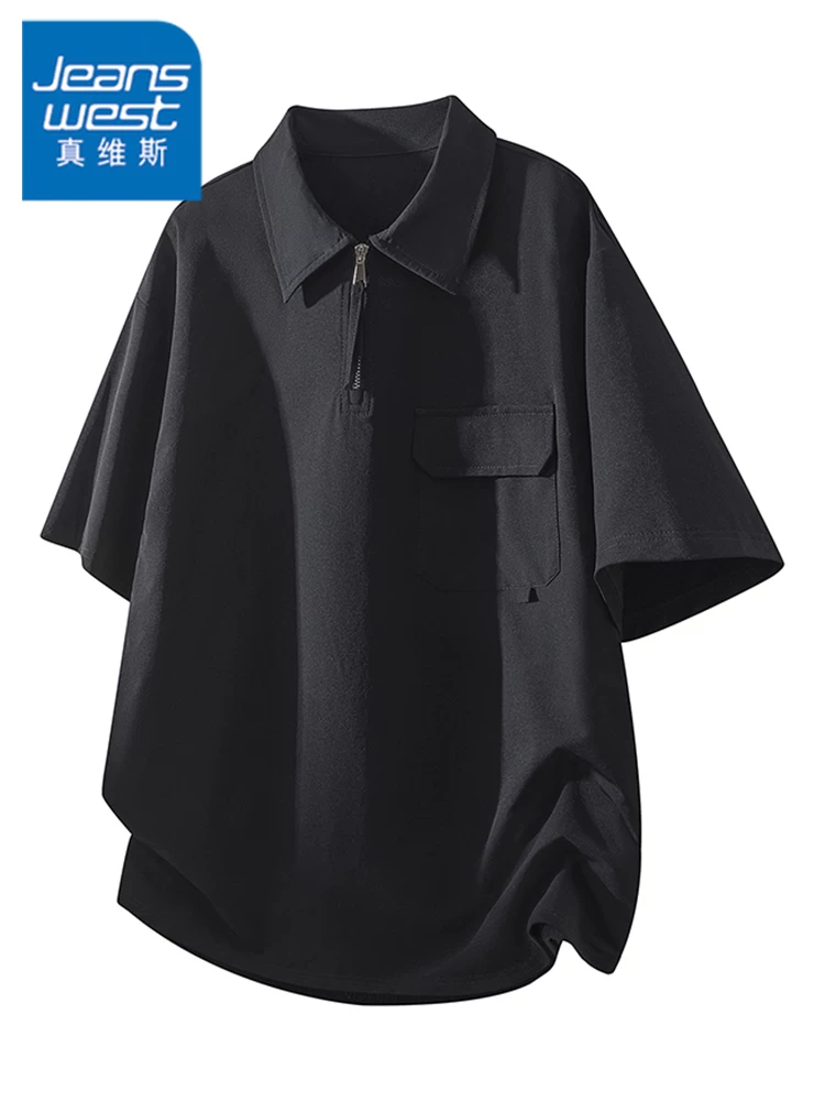 Áo thun nam Jeanswest màu đen nửa tay, nửa khóa kéo, cổ áo kiểu polo, dáng rộng, mặc thường ngày mùa xuân hè