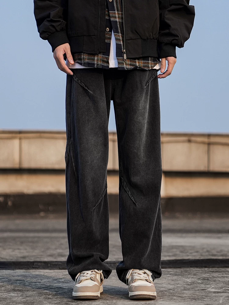 Quần jeans ống đứng màu xanh cổ điển của Jeanswest dành cho nam, mùa xuân thu, dáng rộng, quần ống rộng giặt mài phong cách vintage.