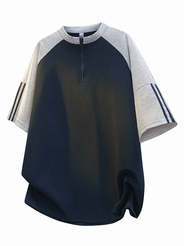 Áo thun nam Jeanswest kiểu Mỹ, phối màu, nửa khóa kéo, chất liệu cao cấp mùa hè, dáng rộng, đa năng, thoáng khí, tay ngắn.