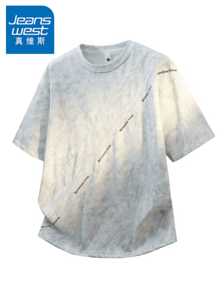 Áo thun cổ tròn nhuộm màu phong cách Mỹ của Jeanswest dành cho nam, áo sơ mi ngắn tay mỏng, thoáng khí, thân thiện với làn da, thương hiệu thời trang cao cấp mùa hè.