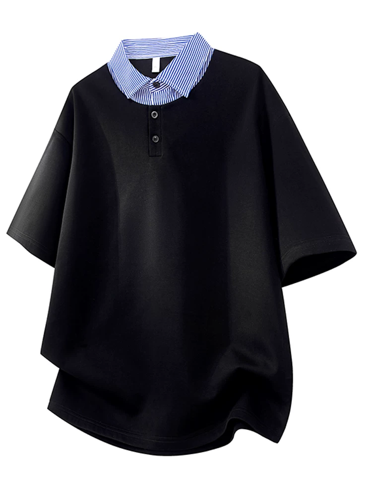 Áo thun giả hai mảnh phối màu phong cách Mỹ của Jeanswest dành cho nam, thương hiệu thời thượng mùa hè, dáng rộng, cảm giác cao cấp, áo POLO thoáng khí.