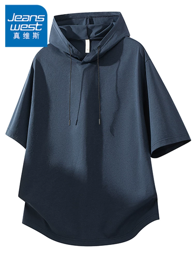 Áo thun có mũ trùm đầu bằng vải lụa băng màu trơn phong cách Mỹ của Jeanswest dành cho nam, mùa hè rộng rãi thoáng khí, thương hiệu thời trang cao cấp, tay ngắn mát mẻ.