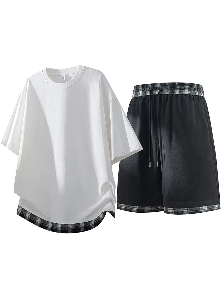 Áo thun và quần short giả hai mảnh cao cấp của Jeanswest, bộ đồ thể thao dáng rộng mùa xuân hè dành cho nam giới