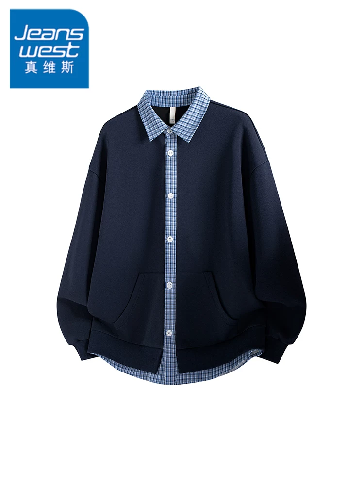 Áo khoác cardigan giả hai mảnh phối màu phong cách Mỹ của Jeanswest dành cho nam, mùa xuân thu, áo khoác dáng rộng thương hiệu thời thượng cao cấp.