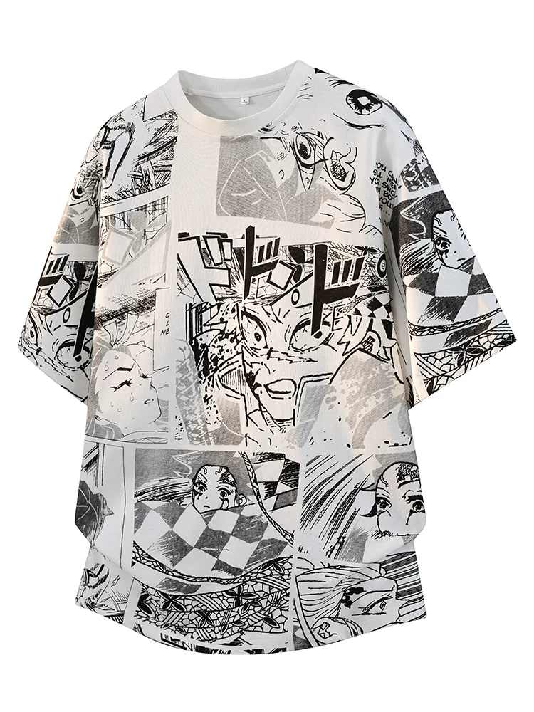 Áo thun in họa tiết graffiti nửa tay kiểu Mỹ của Jeanswest dành cho nam, mùa xuân hè, áo màu đen rộng rãi, thoáng khí, phong cách giản dị.