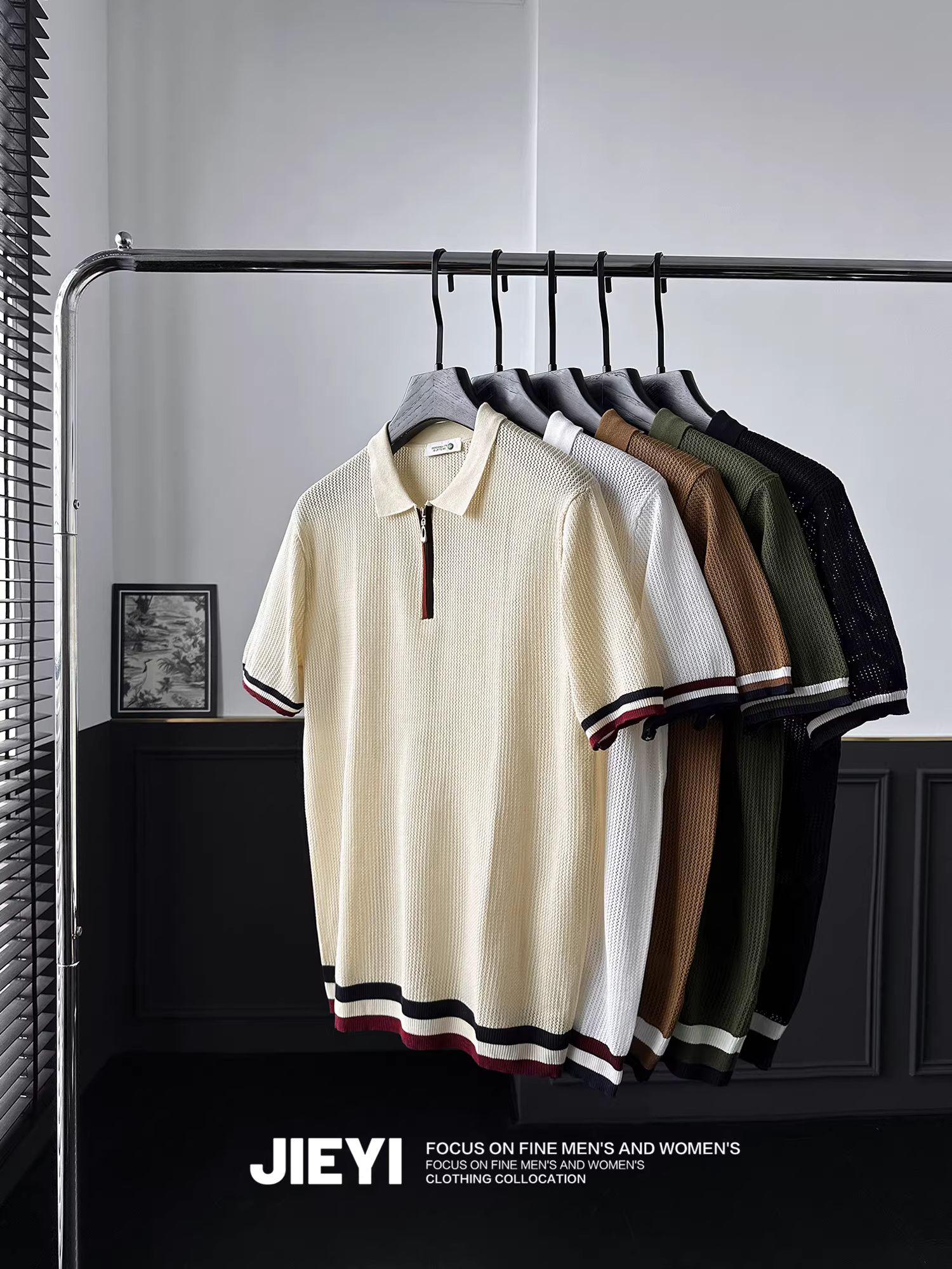 Áo polo nam JIEYI nửa khóa kéo, chất liệu dệt jacquard rỗng, kiểu dáng casual, tay ngắn, mùa hè, thời trang