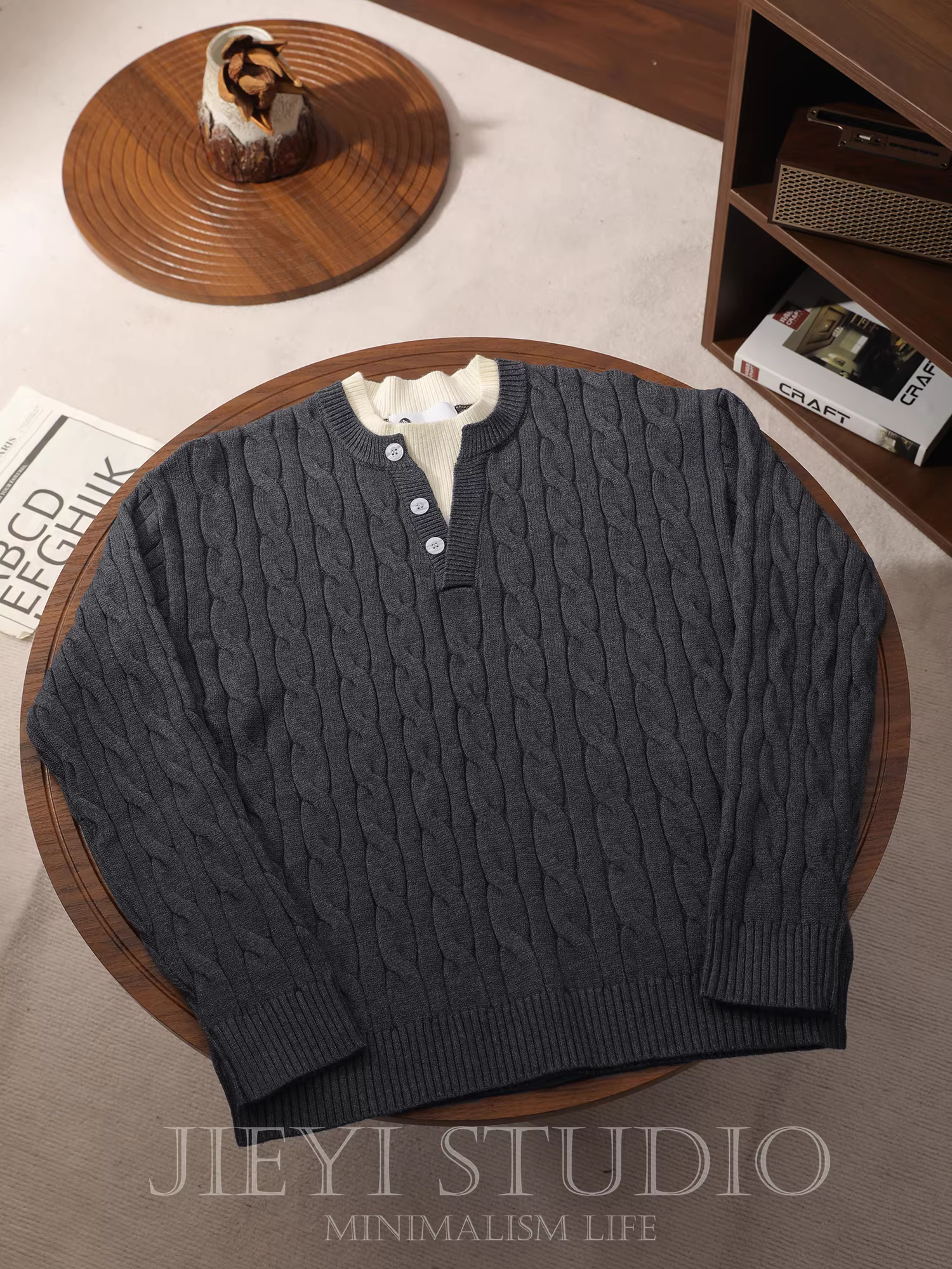 Áo len nam JIEYI giả hai lớp, phối màu, kiểu dệt kim, cổ áo hai lớp, chất liệu dệt kim bện, len sợi lõi dệt jacquard