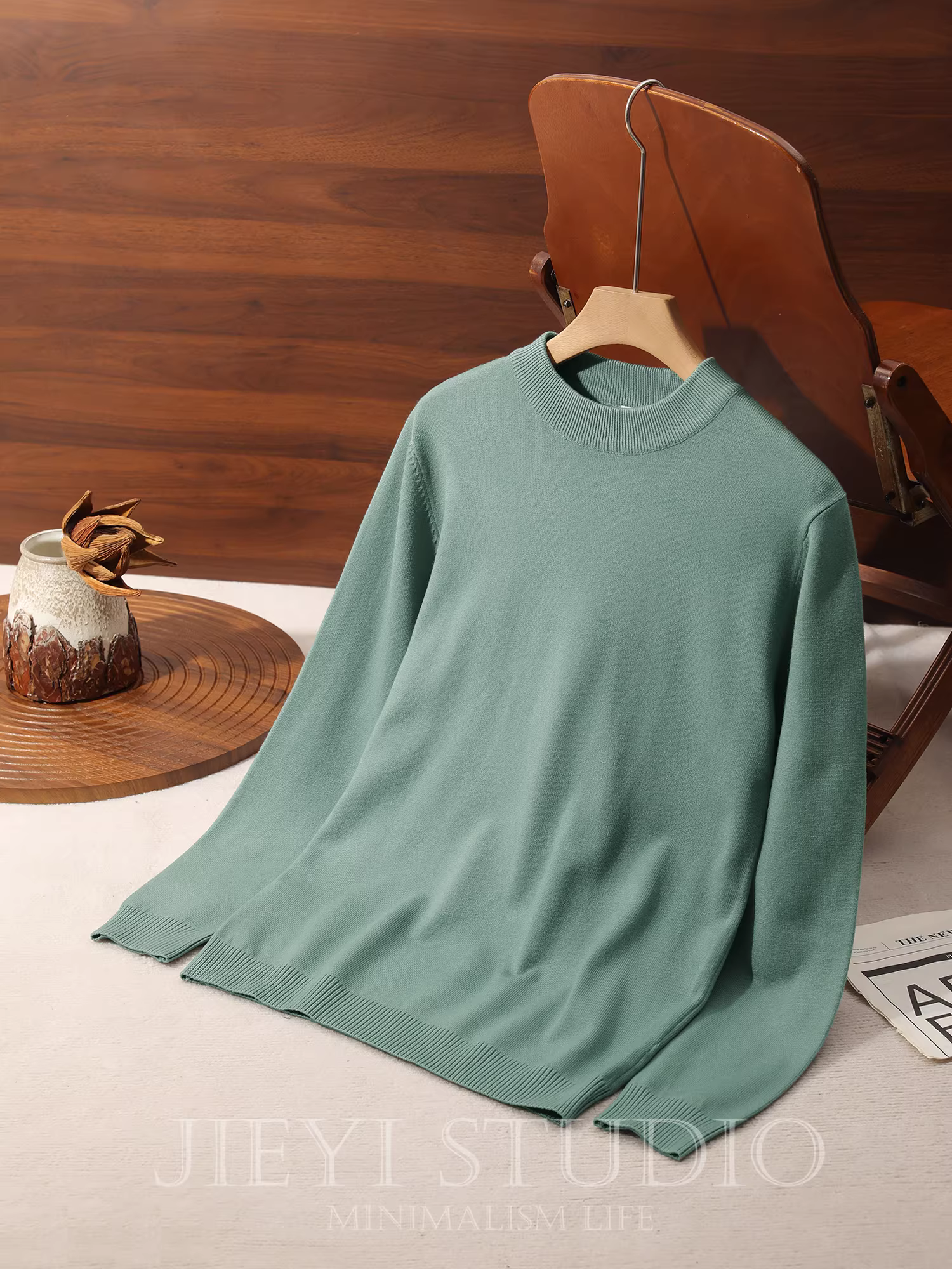 Áo len dệt kim dài tay màu xanh lá cây JIEYI, cổ giả nhỏ, chất liệu len sợi tổng hợp mới dành cho nam giới trẻ trung, hợp thời trang mùa thu đông.