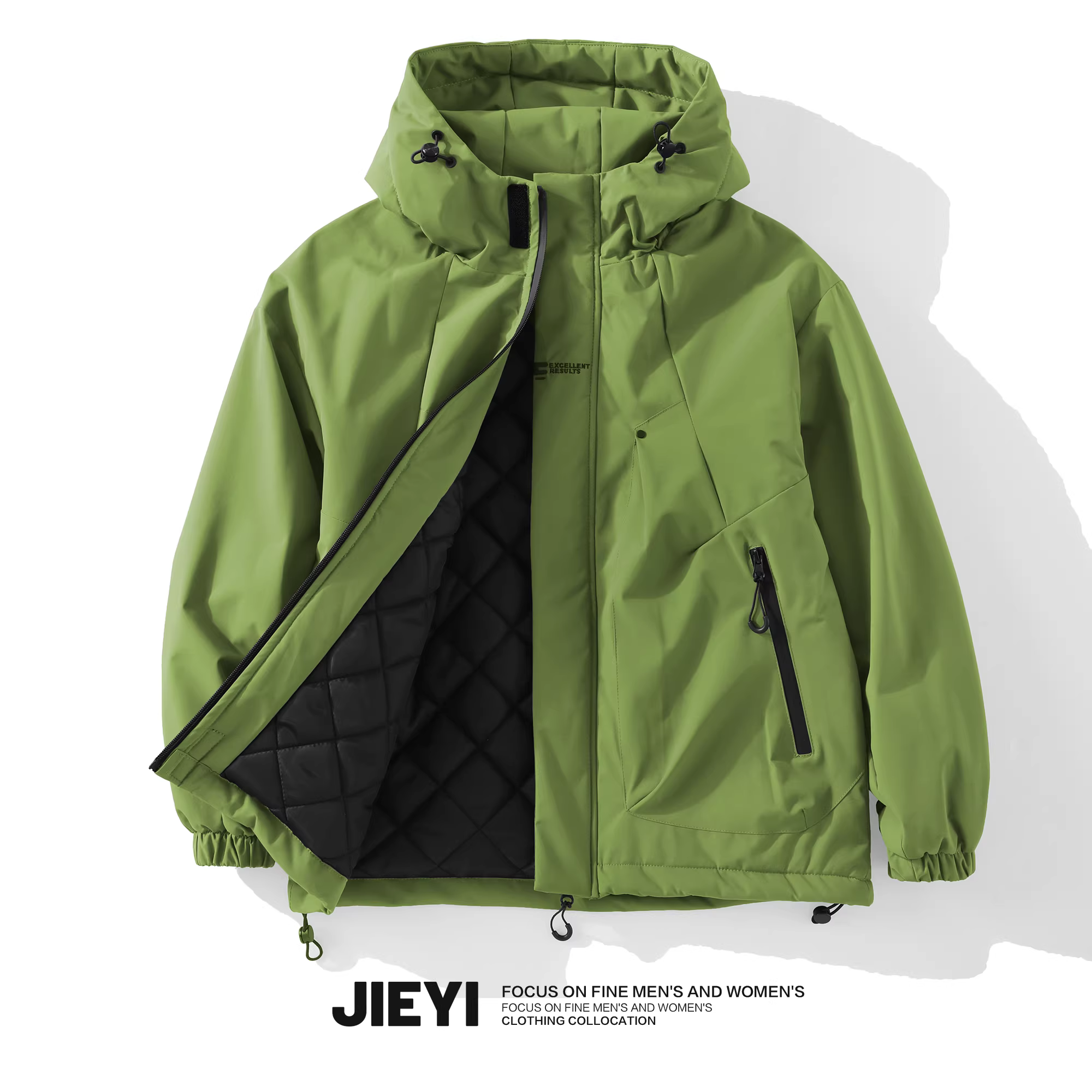 Áo khoác gió phong cách mới JIEYI, áo khoác ngoài, áo bảo hộ lao động, có mũ, màu trơn, kiểu dáng thời thượng, phong cách Mỹ, áo khoác cotton lót bông nam