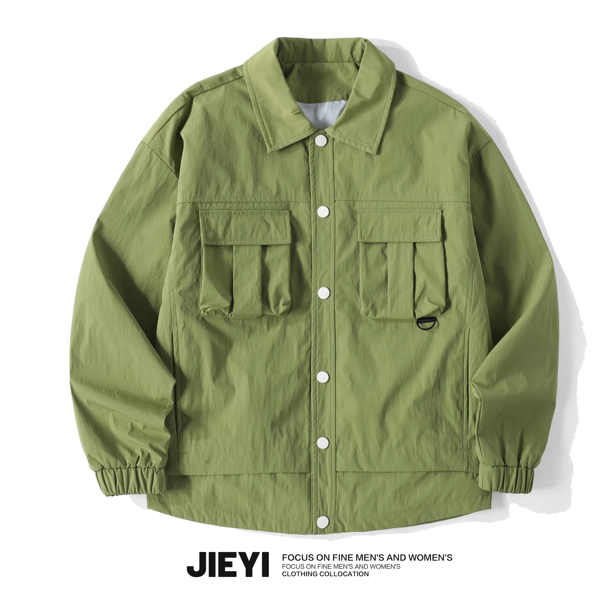 Áo khoác nam JIEYI màu trơn phong cách Hồng Kông, nhiều túi, chống gió, ngoài trời, đơn hàng nút, màu xanh bơ, cổ trụ
