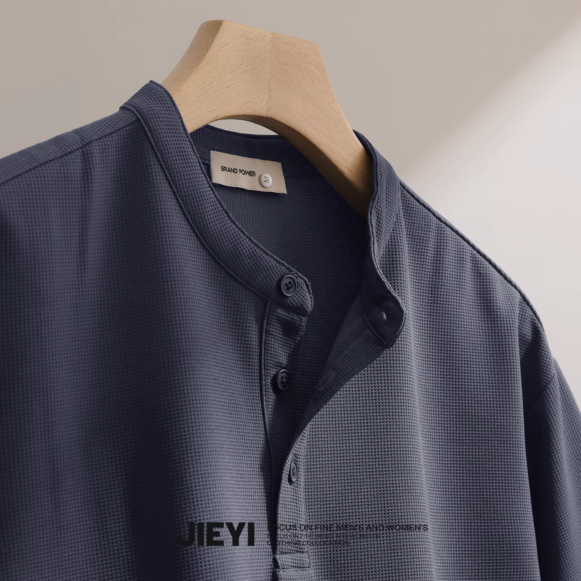 Áo thun nam tay ngắn chất liệu waffle trơn màu cổ Henry phong cách cổ điển trưởng thành trẻ trung JIEYI