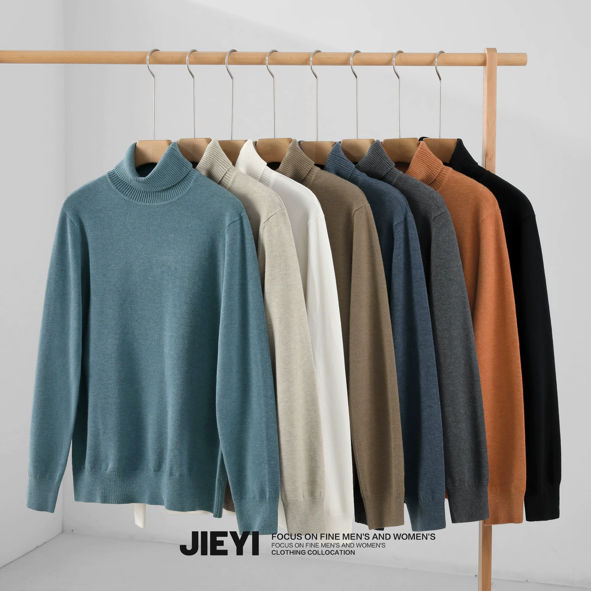 Áo len nam JIEYI màu đất thời trang, dáng ôm, tay dài, cổ lọ, mùa đông