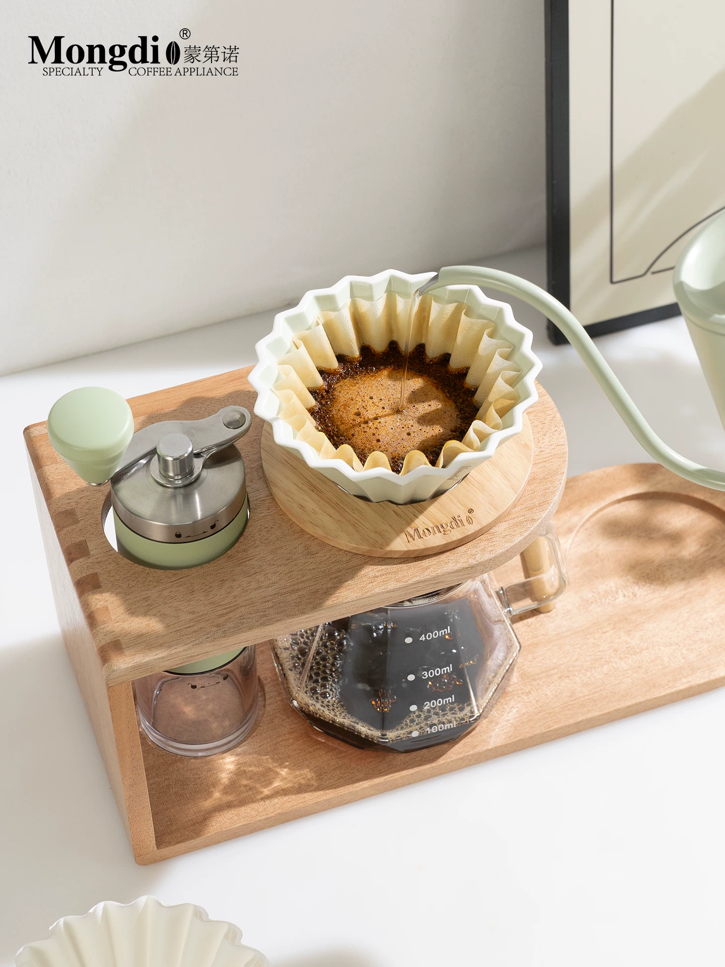 Bộ ấm pha cà phê Pour-over Mongdio, máy xay cà phê bằng tay, dụng cụ pha cà phê, bộ ấm pha cà phê Pour-over đầy đủ với giá đỡ bằng gỗ