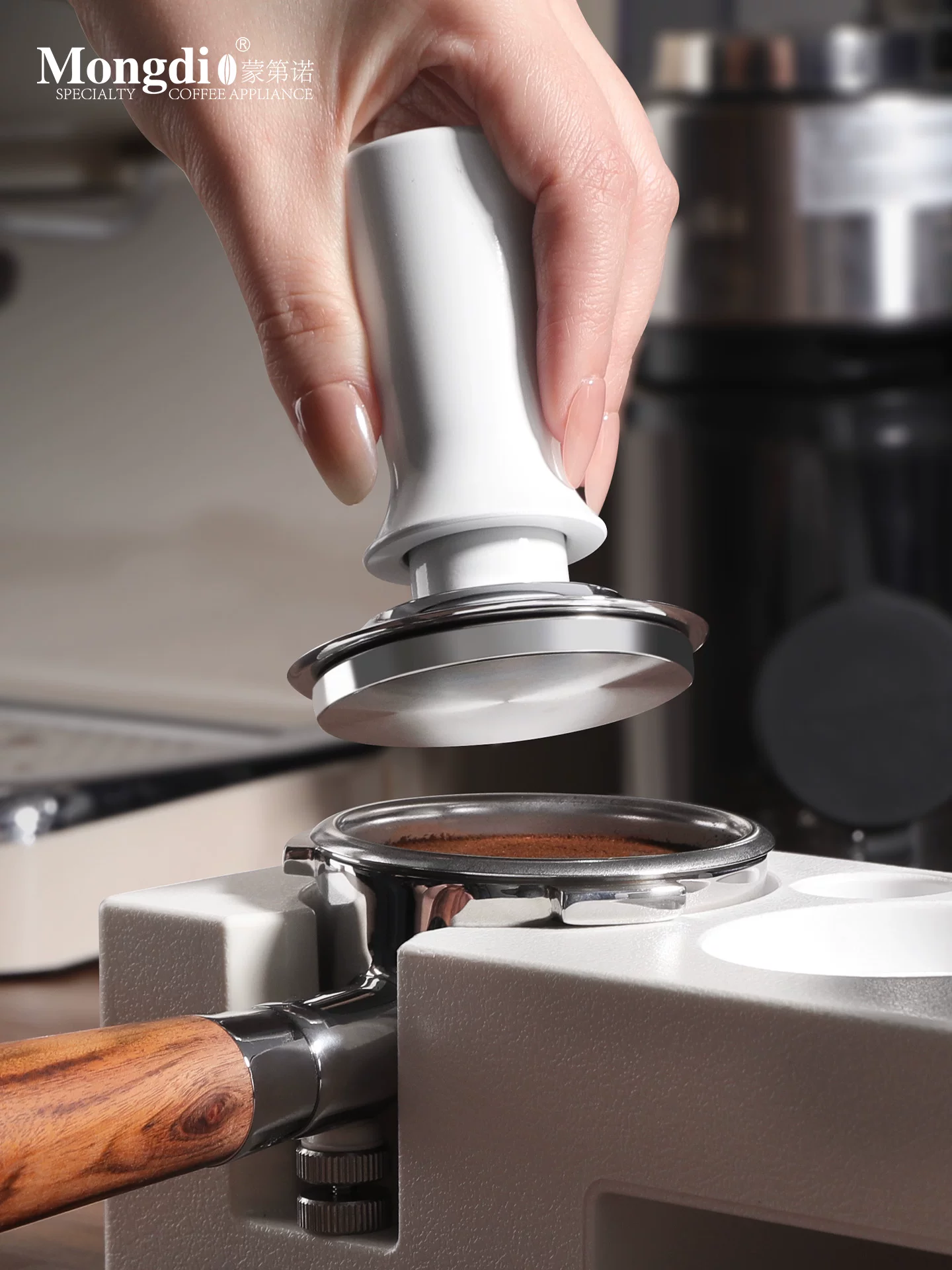 Bộ dụng cụ pha cà phê Mongdio: đế ép cà phê tự cân bằng, dụng cụ phân phối bột cà phê, búa ép cà phê, tay cầm espresso, bộ dụng cụ lưu trữ