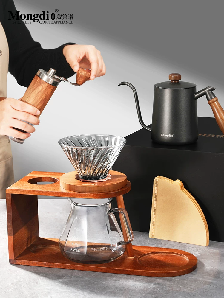 Bộ ấm pha cà phê thủ công Mongdio hộp quà tặng máy xay cà phê cầm tay máy pha cà phê quay tay giá đựng đồ đầy đủ bộ dụng cụ pha cà phê