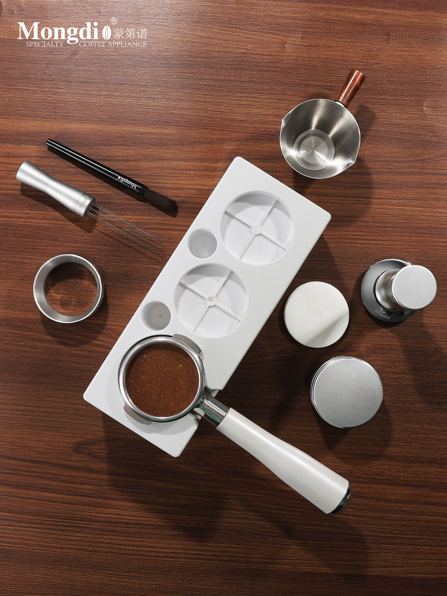 Bộ dụng cụ nén cà phê Mongdio có đế, búa nén, phụ kiện máy pha cà phê và dụng cụ đầy đủ