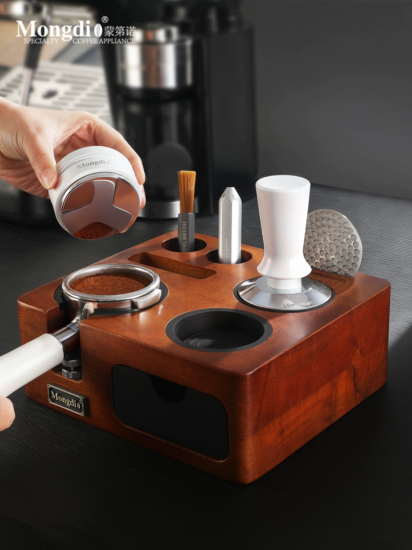 Đế ép cà phê Mongdio, dụng cụ phân phối, bộ ba dụng cụ ép cà phê, búa cà phê, phụ kiện và dụng cụ máy pha cà phê, bộ hoàn chỉnh