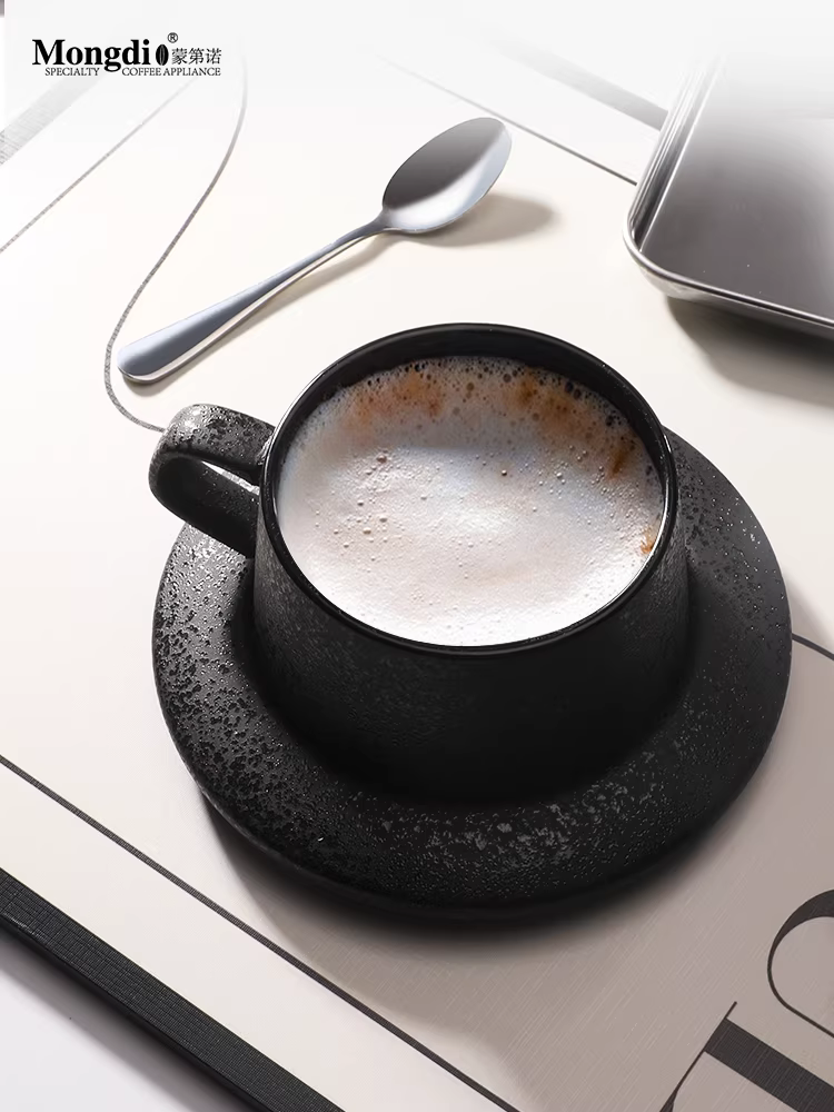Tách cà phê gốm đen Mongdio, tách nghệ thuật latte tinh tế cao cấp, bộ tách trà chiều mờ và đĩa lót