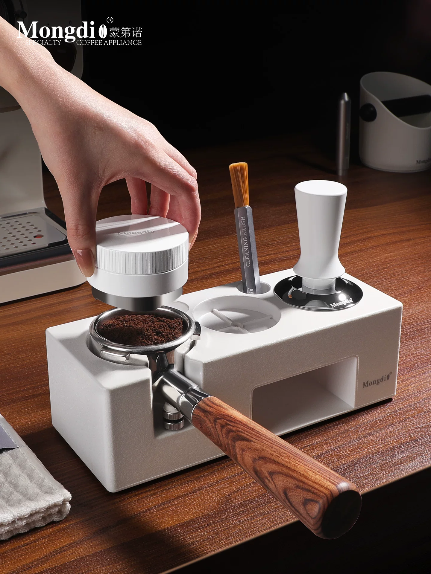 Bộ dụng cụ pha cà phê Mongdio: đế ép cà phê tự cân bằng, dụng cụ phân phối bột cà phê, búa ép cà phê, tay cầm espresso, bộ dụng cụ lưu trữ