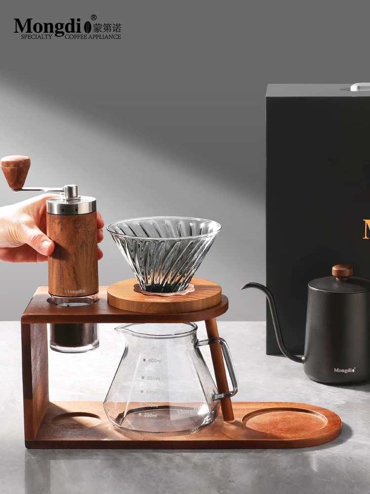 Bộ ấm pha cà phê thủ công Mongdio hộp quà tặng máy xay cà phê cầm tay máy pha cà phê quay tay giá đựng đồ đầy đủ bộ dụng cụ pha cà phê