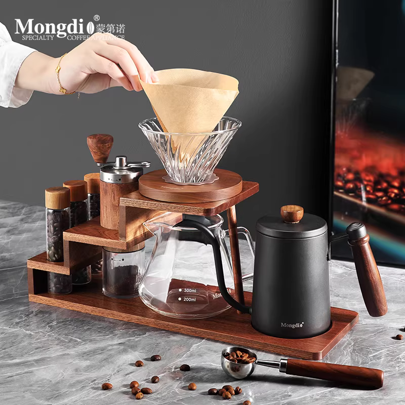 Bộ ấm pha cà phê thủ công Mongdio, máy pha cà phê xay bằng tay, giá đỡ bằng gỗ quay tay, ấm pha cà phê thủ công, bộ dụng cụ pha cà phê đầy đủ