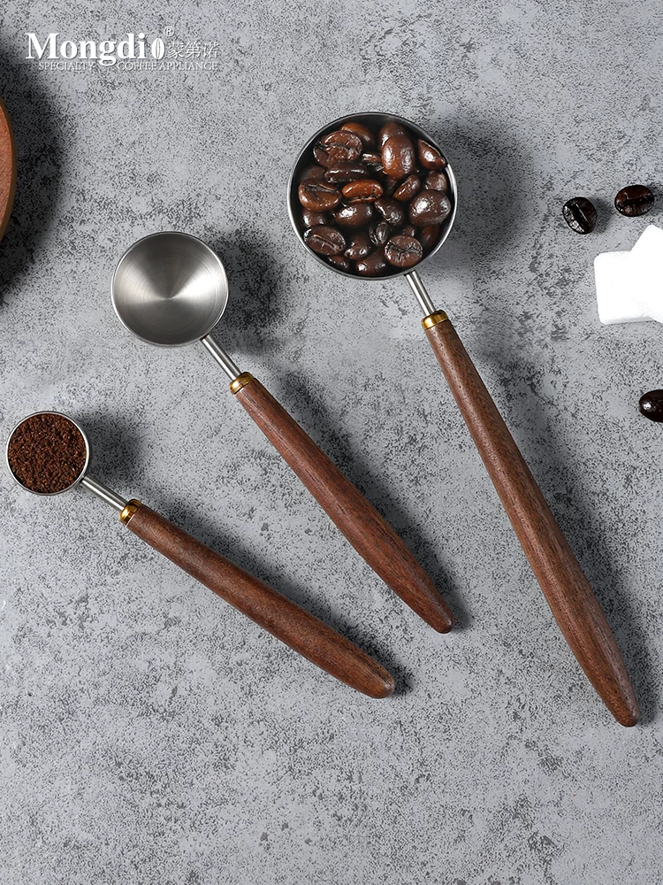 Muỗng cà phê Mongdio muỗng đo lường bột cà phê muỗng đo lường cà phê bằng thép không gỉ muỗng hạt cà phê tay cầm bằng gỗ óc chó muỗng gram