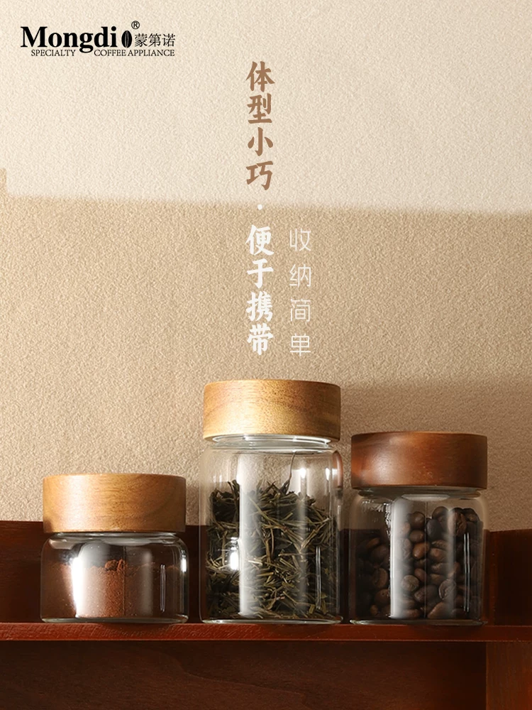 Hũ đựng hạt cà phê Mongdio, hũ đựng bột cà phê kín, chai đựng bằng thủy tinh, hộp đựng trà nhỏ cầm tay mini.