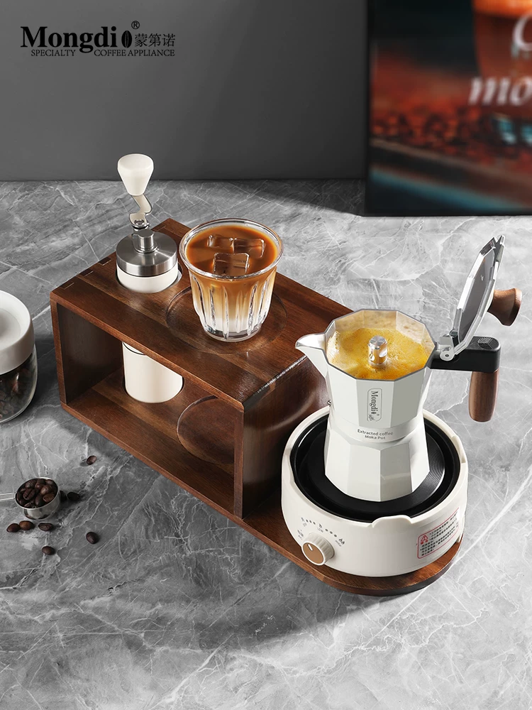 Bộ ấm pha cà phê moka van đôi Mongdio, ấm pha cà phê moka, ấm pha cà phê espresso, giá đỡ bằng gỗ