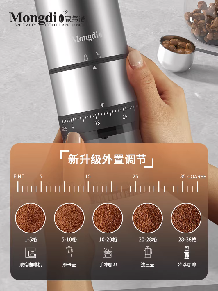 Máy xay cà phê điện Mongdio Máy xay cà phê cầm tay CNC Máy xay cà phê quay tay