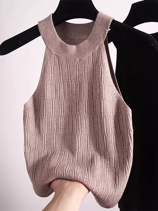 Áo len nữ giảm giá có thương hiệu, áo vest dệt kim không tay cổ tròn, không lưng, gợi cảm, ôm sát, tôn dáng.