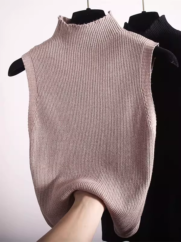 Quần áo nữ phong cách châu Âu, áo sơ mi dệt kim không tay cổ cao nửa cổ, áo vest thời trang và độc đáo, áo trong ôm sát.