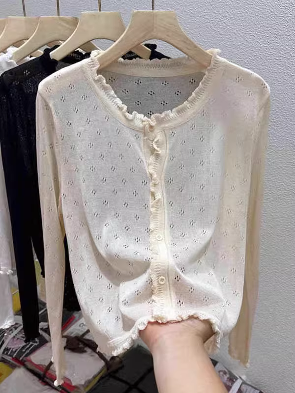 Hàng thanh lý: Áo khoác len nữ xuất khẩu, không mác, kiểu dáng mùa hè, chất liệu mỏng, thiết kế khoét lỗ, kiểu dáng rộng rãi độc đáo, áo khoác ngoài tay dài.