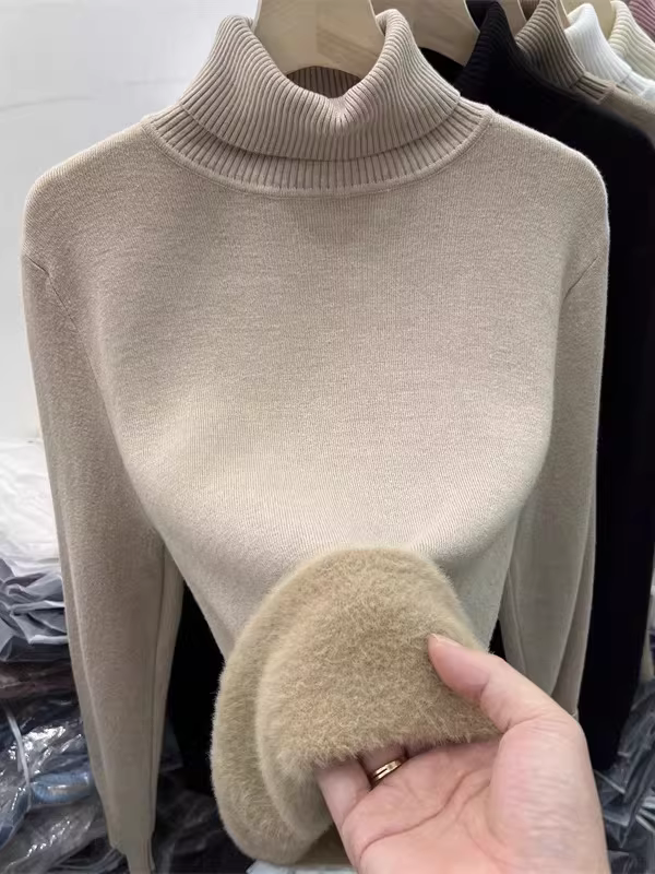 Giảm giá thanh lý quần áo nữ châu Âu, áo len cổ lọ dệt kim cắt may giảm giá, có lớp lót lông cừu tích hợp, dày dặn và ấm áp.