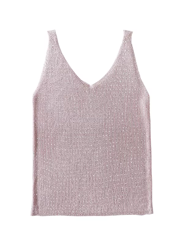 Cửa hàng giảm giá hàng hiệu, quần áo nữ chính hãng, áo camisole cắt nhãn với chỉ sáng bóng, trang trí cầu kỳ bằng đá pha lê, áo khoác ngoài dệt kim không tay, kiểu dáng thời thượng.