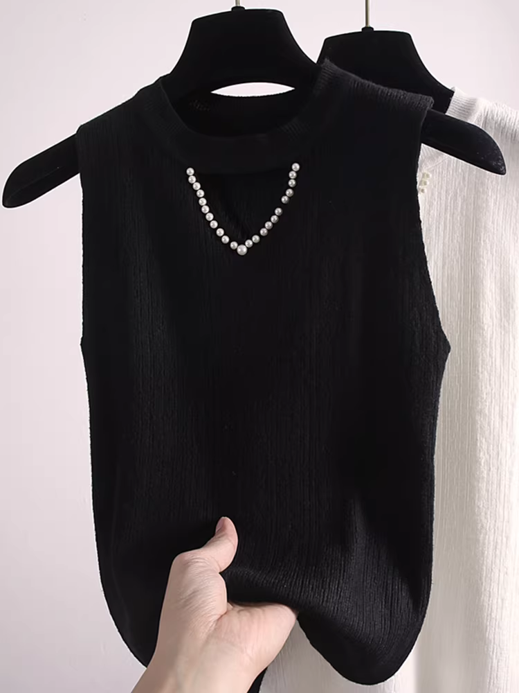 Áo len nữ giảm giá, kiểu dáng không tay, đính hạt, ôm sát, lớp trong, kiểu dáng độc đáo, hợp thời trang.