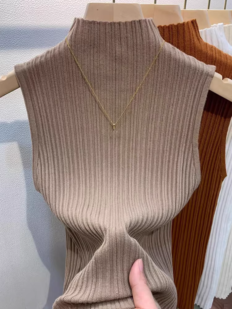 Hàng thanh lý quần áo nữ châu Âu, áo len không tay cắt xén, cổ nửa cao, kiểu ôm sát, áo lót mặc trong vest, áo lót thời trang.