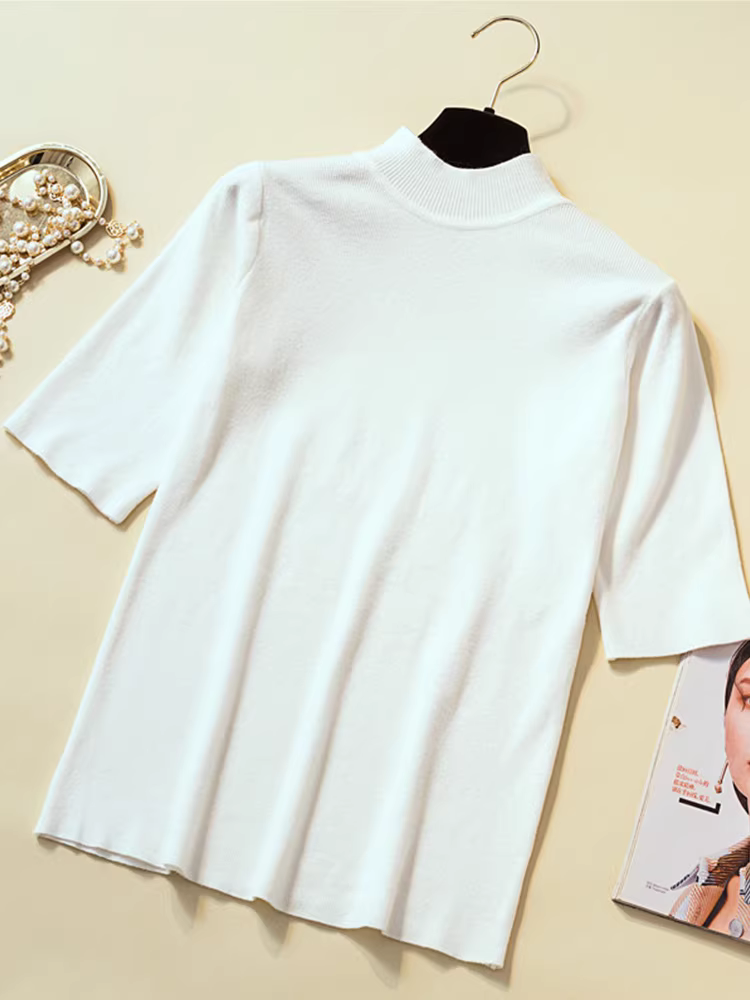 Hàng thanh lý quần áo nữ châu Âu có mác cắt, áo thun dệt kim tay lửng để mặc lớp hoặc mặc đơn, áo độc đáo tay lửng mùa xuân thu.