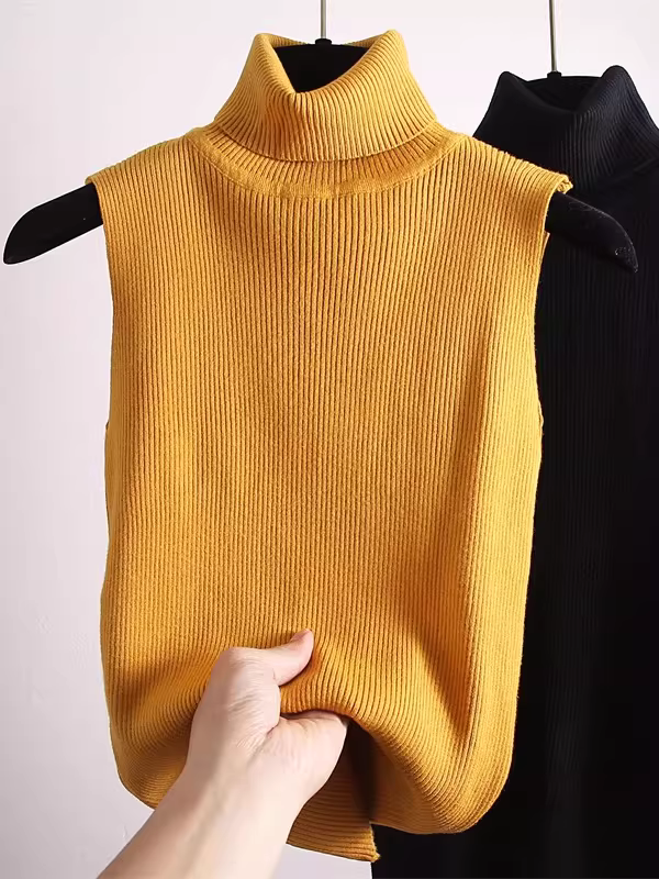 Áo len nữ xuất khẩu giảm giá, kiểu dáng cao cổ không tay, có nhãn cắt, áo lót bên trong, ôm dáng, tôn dáng, thời trang.