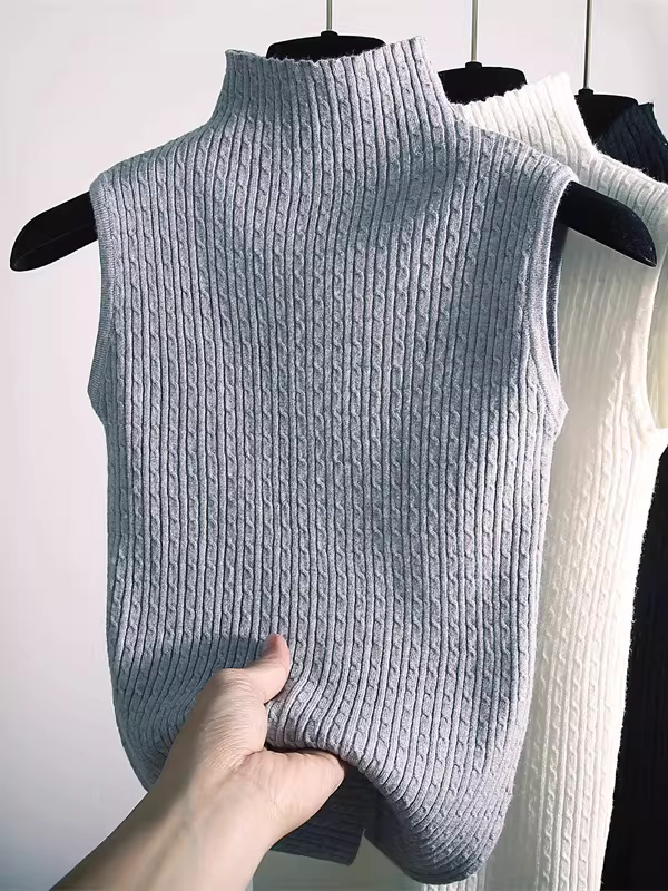 Áo len dệt kim không tay cổ nửa cao, kiểu dáng ôm sát, chất liệu cao cấp, hàng hiệu giảm giá, thời trang.