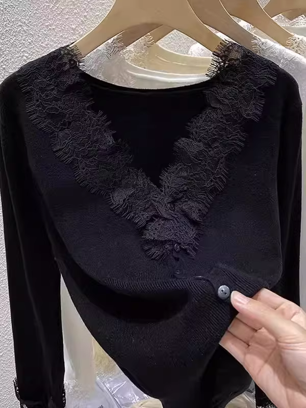 Hàng thanh lý quần áo nữ châu Âu, đã gỡ mác, áo cardigan dệt kim cổ V thu đông, áo lót thời trang phối ren.